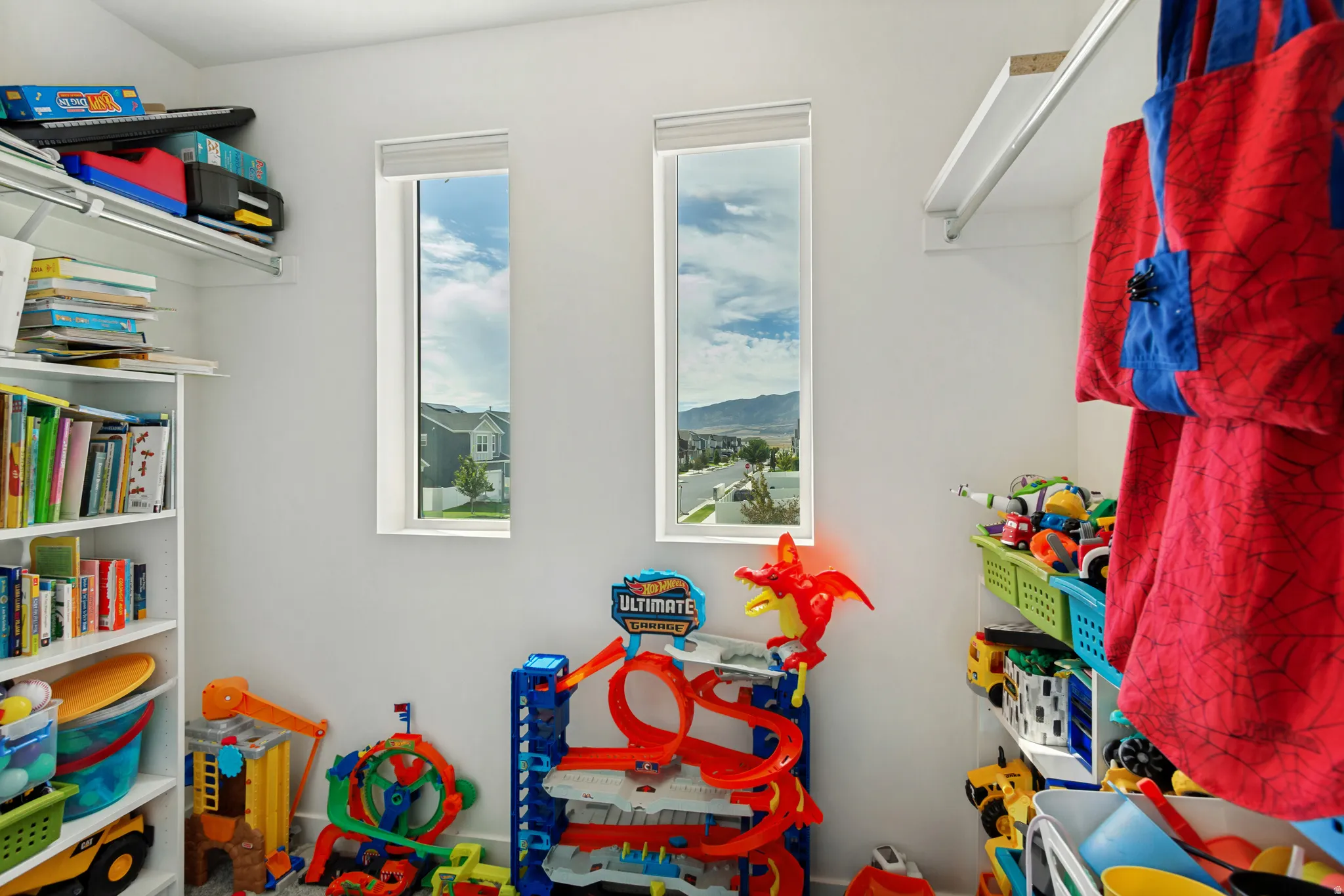 White walls with two vertical windows, built-in shelving, and a clothing rod