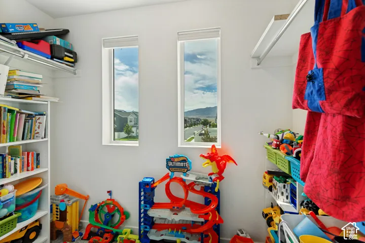 White walls with two vertical windows, built-in shelving, and a clothing rod