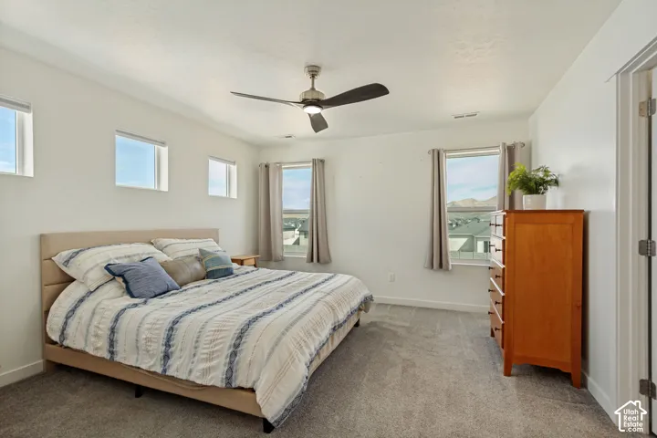 White walls, light gray carpet flooring, multiple windows with neutral curtains, and a ceiling fan with integrated lighting