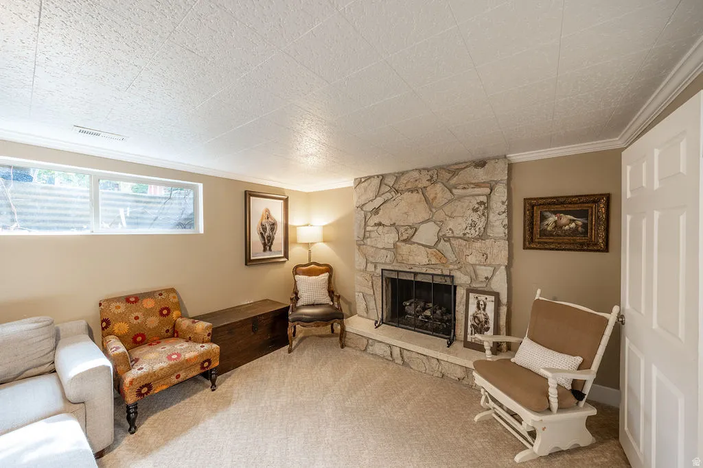 Stone-clad fireplace with hearth, wall-to-wall carpeting, crown molding, and a paneled interior door