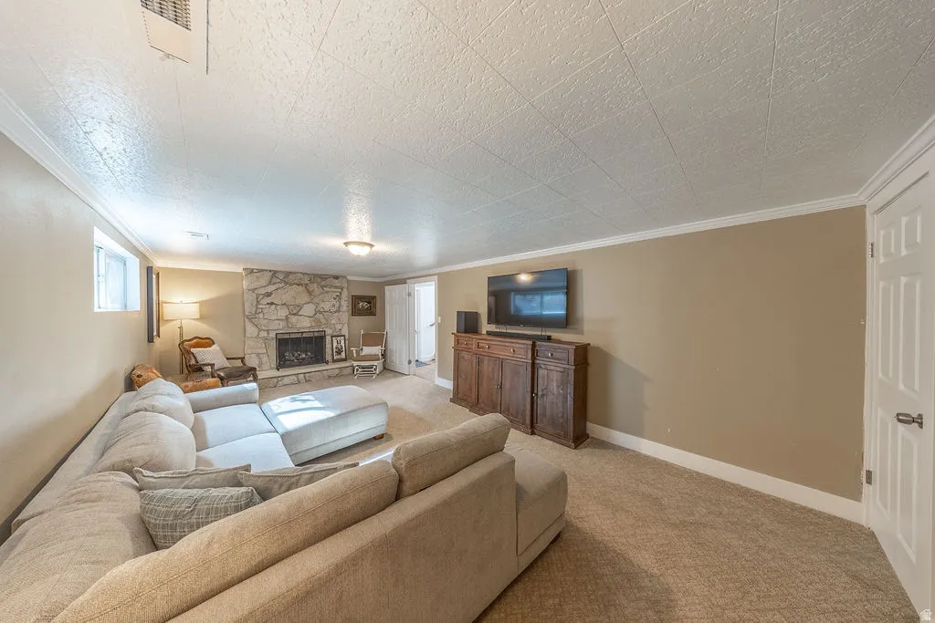 Stone-faced fireplace, crown molding, paneled door, and recessed lighting