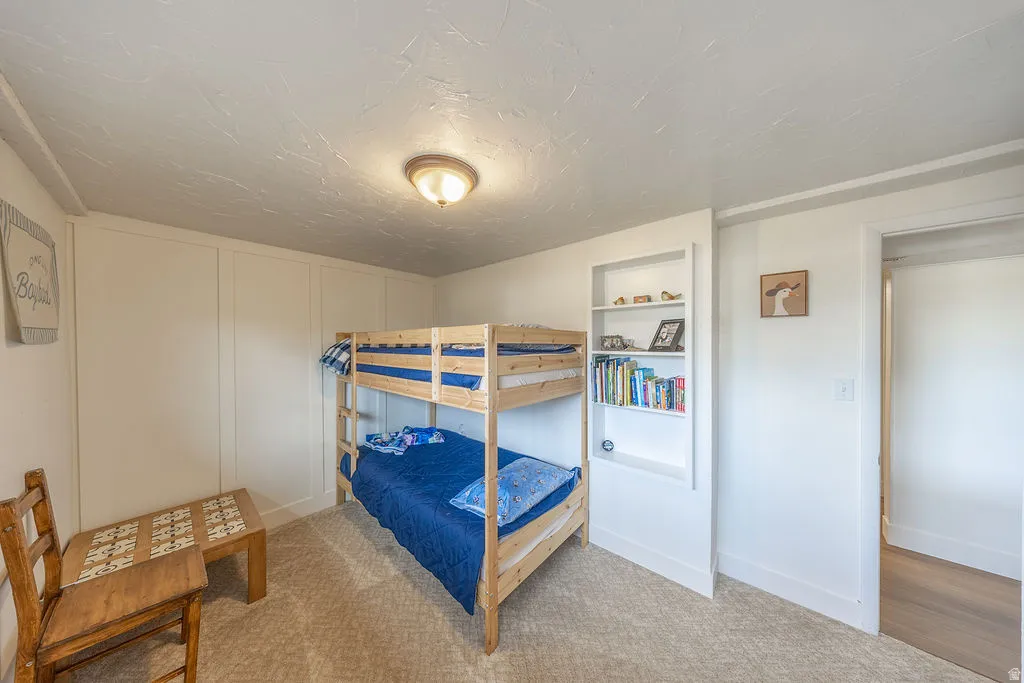 Built-in shelving unit, wall paneling, and a flush-mount ceiling light fixture