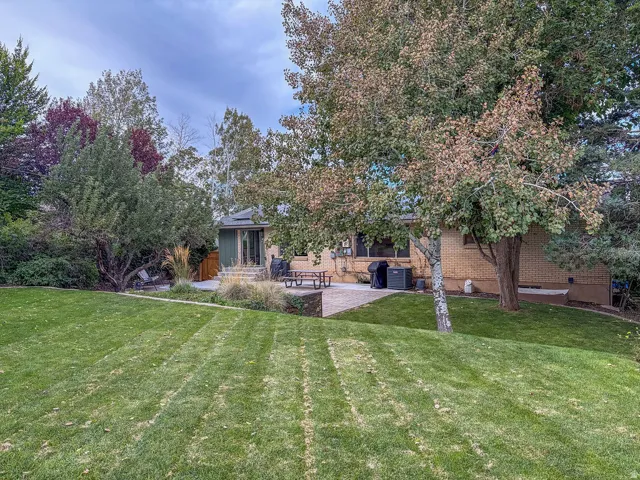 Expansive lawn with mature trees and a multi-level patio area