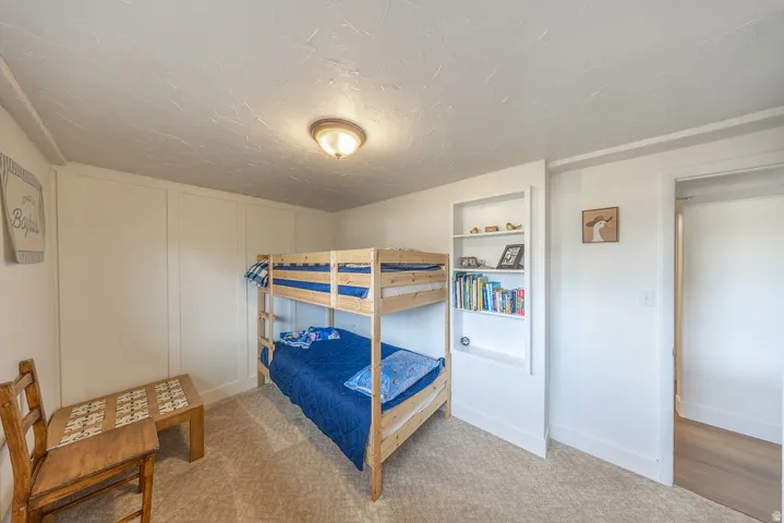 Built-in shelving unit, wall paneling, and a flush-mount ceiling light fixture