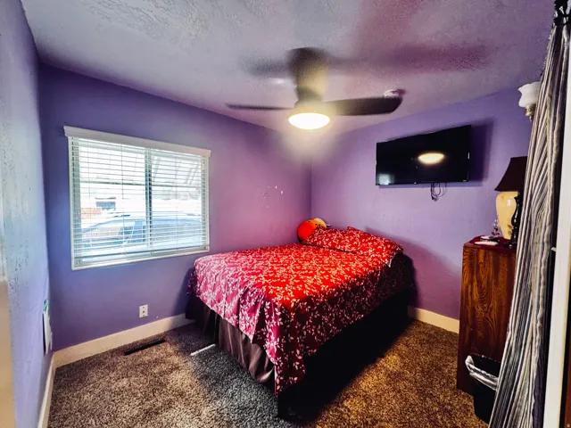 Carpeted flooring, window with blinds, ceiling fan with integrated lighting, and a wall-mounted television