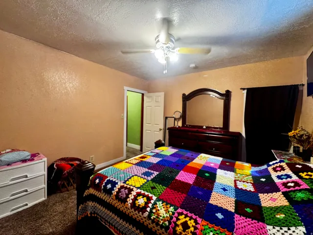 Textured walls, ceiling fan, hard surface flooring, white interior door