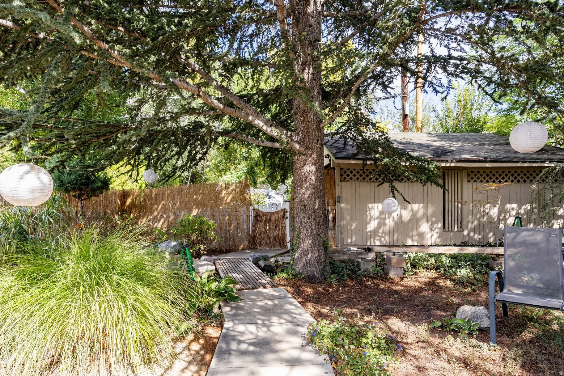 Mature tree providing shade, concrete pathway, lush landscaping, and a wooden fence
