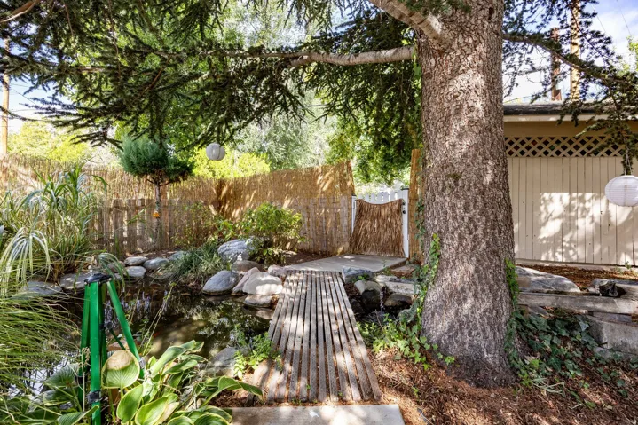 Expansive backyard featuring a large mature tree, a tranquil pond with surrounding rocks, a wood plank bridge, and a natural wood fence with a lattice gate