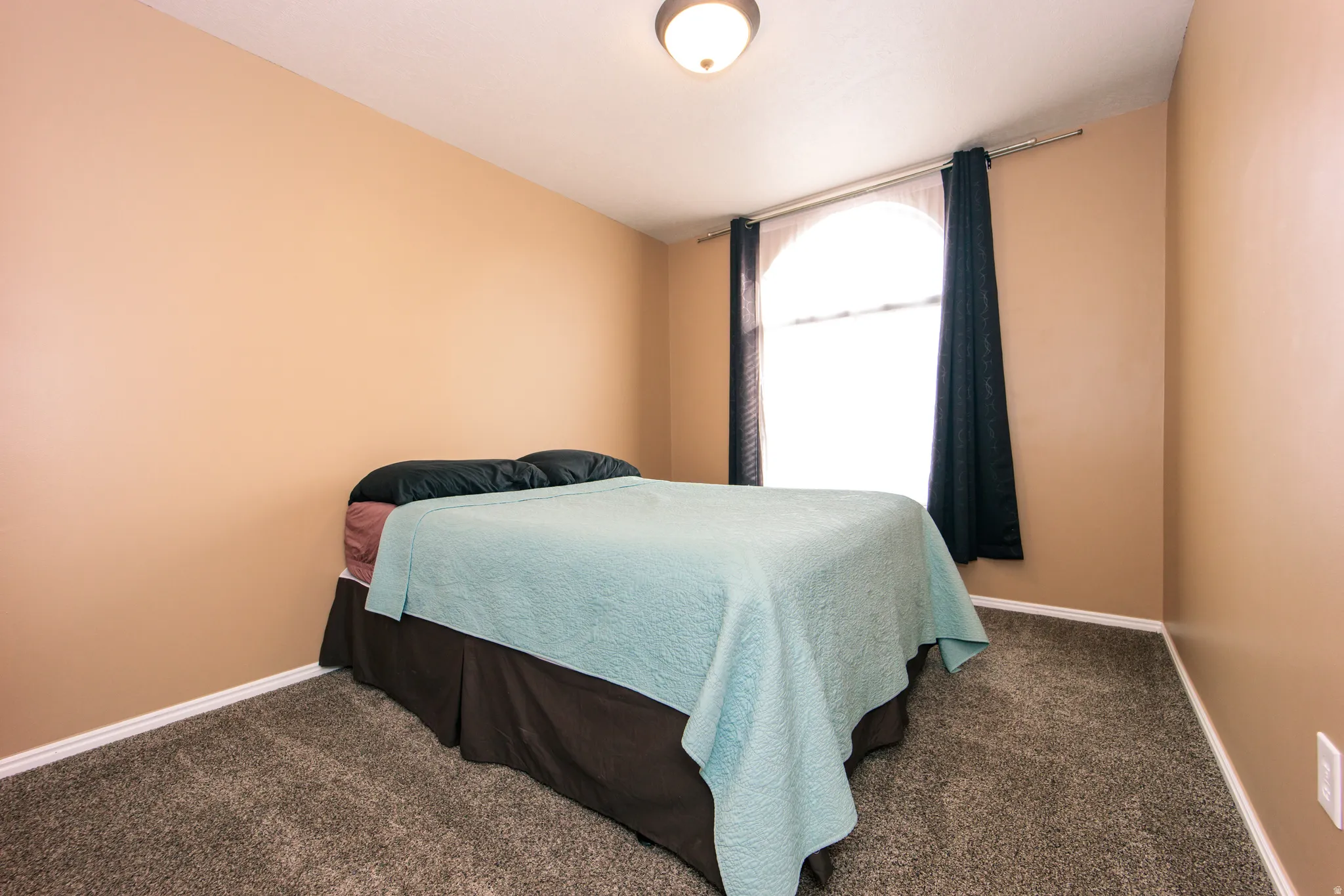 Arched window with dark drapery, neutral-toned walls, and ceiling-mounted light fixture