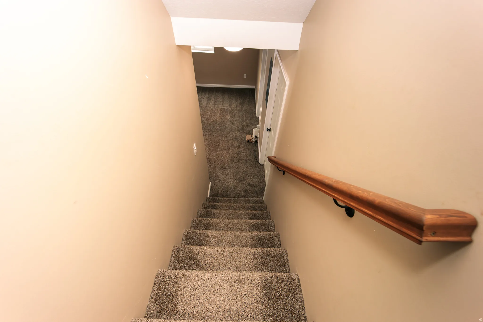 Carpeted staircase with a wood handrail and neutral wall finishes