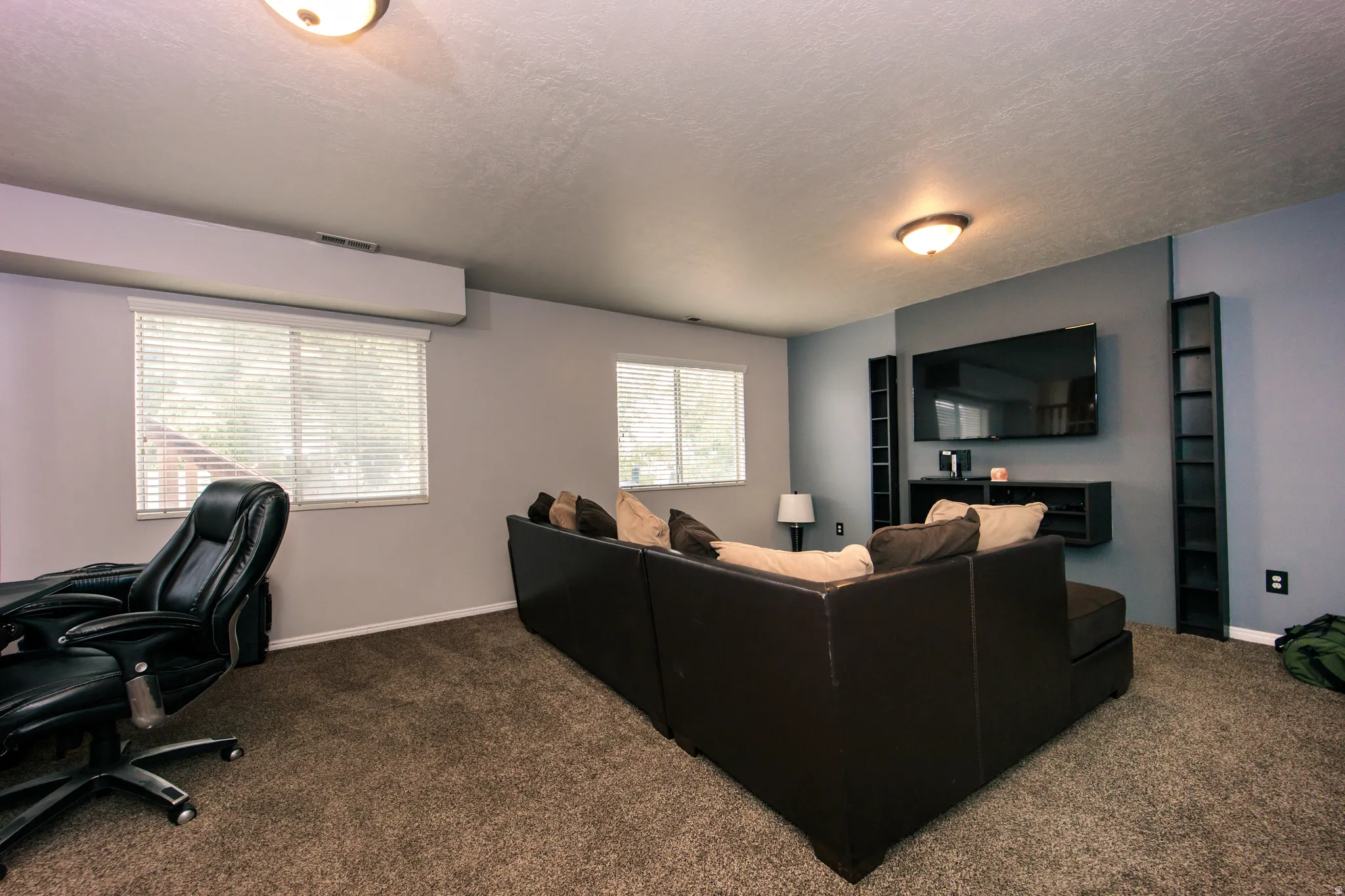 Carpeted room with ceiling-mounted light fixtures and two windows