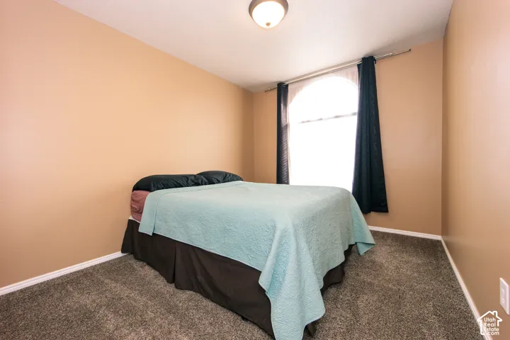 Arched window with dark drapery, neutral-toned walls, and ceiling-mounted light fixture