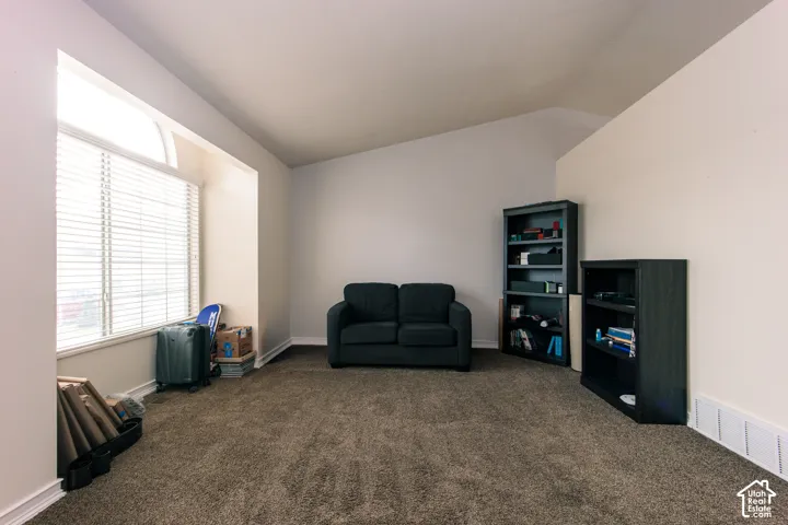 Vaulted ceiling, carpeted flooring, and a large window with blinds