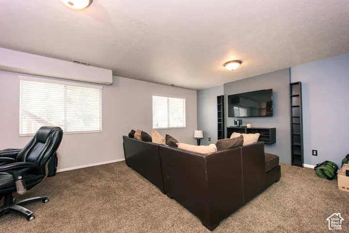 Recessed lighting with a textured ceiling, two windows featuring blinds, and carpeted flooring