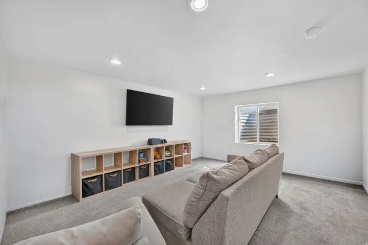 Recessed lighting, wall-mounted television, built-in shelving unit, carpeted flooring, and a single window with blinds