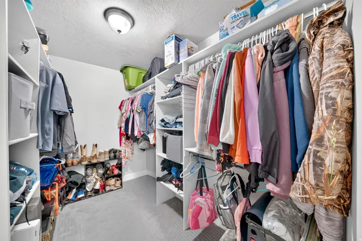 Walk-in closet featuring white built-in shelving, hanging rods, and carpet flooring