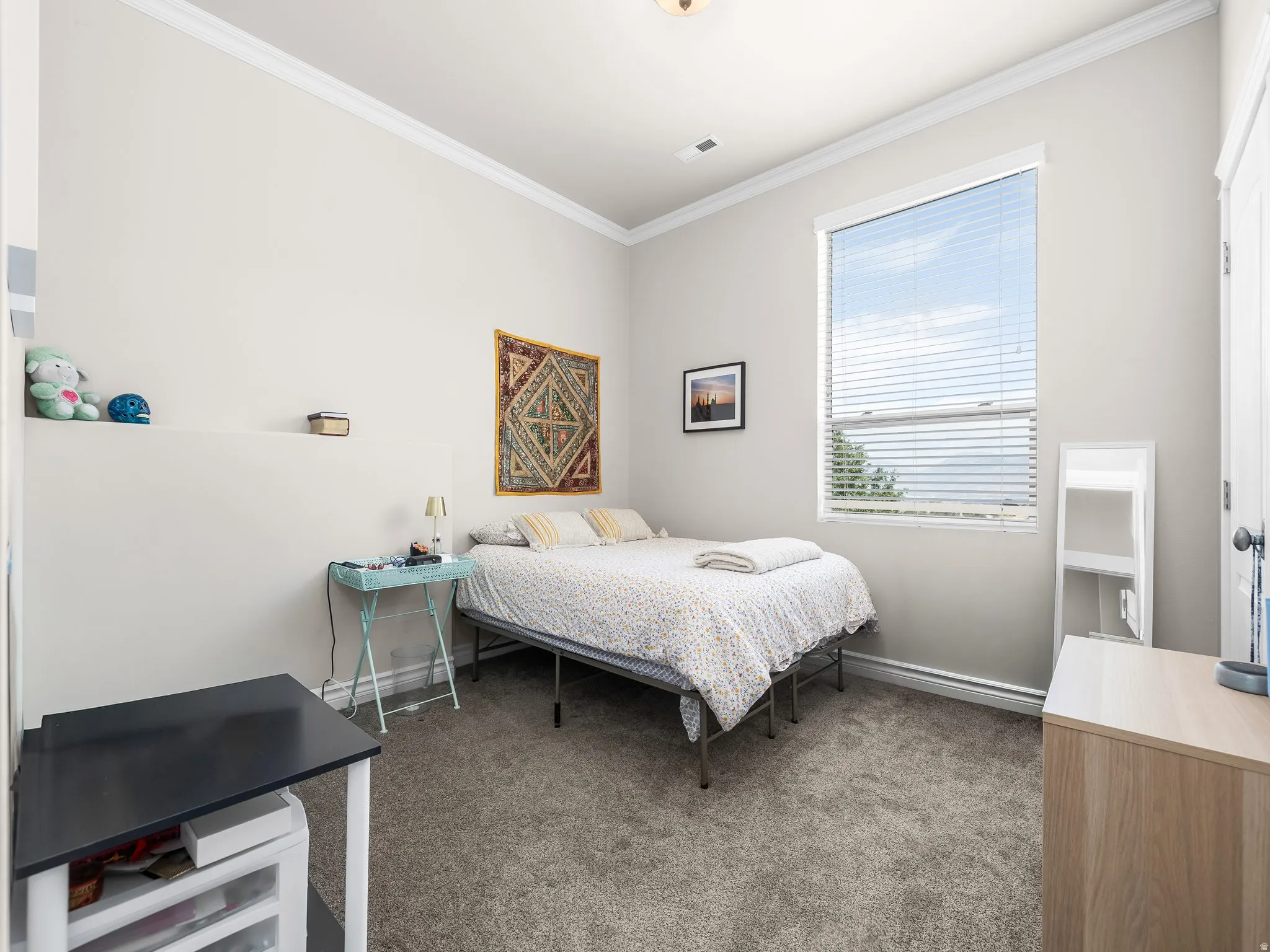 Light gray wall color, crown molding, a single window with blinds, light gray carpeting, and a white interior door with a dark knob