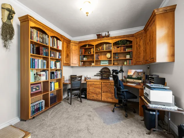 Built-in wood cabinetry, integrated desk space, extensive shelving, and carpeted flooring
