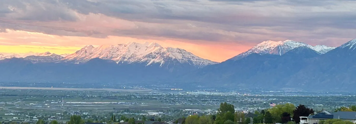 Distant mountain range with snow-capped peaks