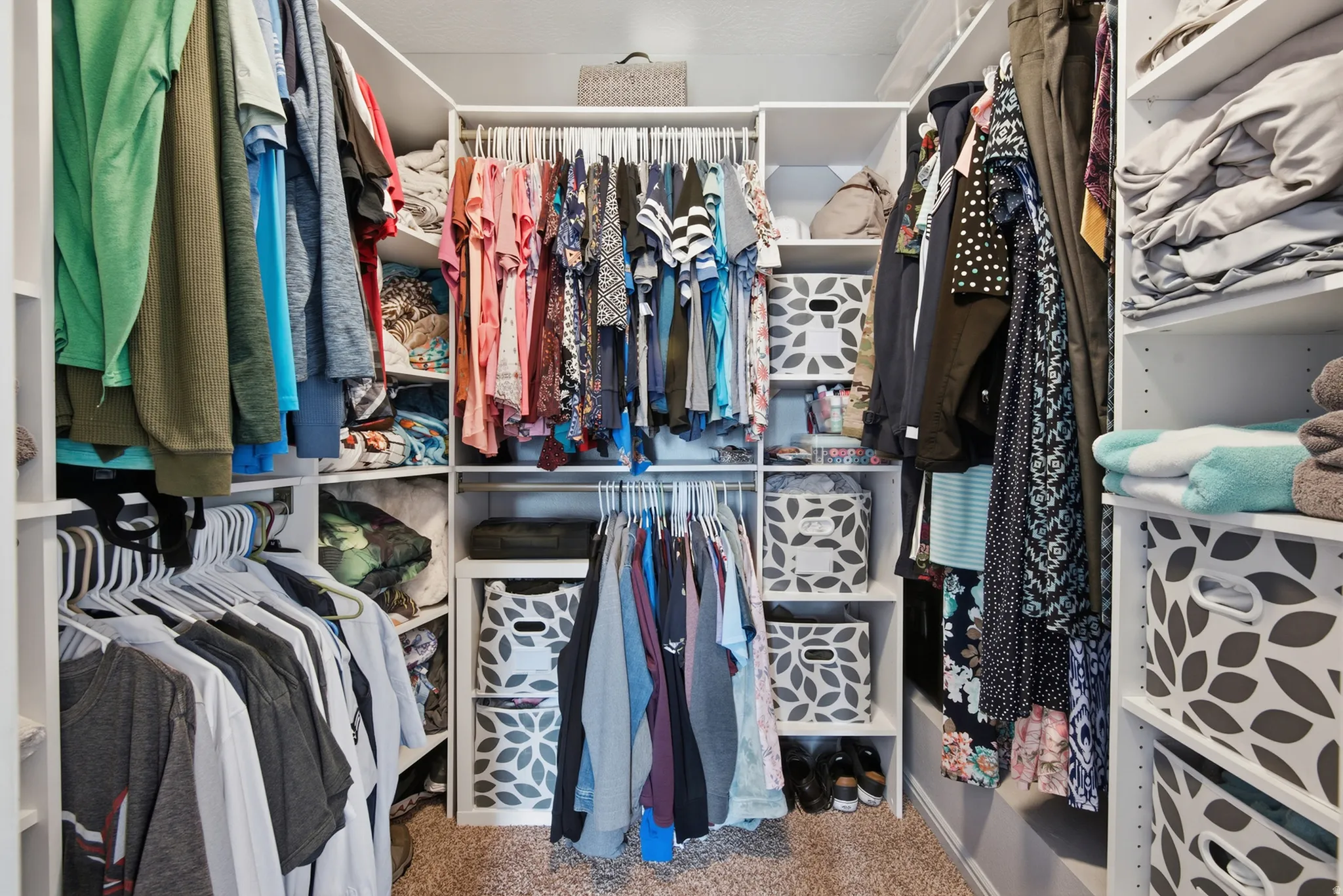 Walk-in closet with integrated shelving, multiple hanging rods, and carpet flooring
