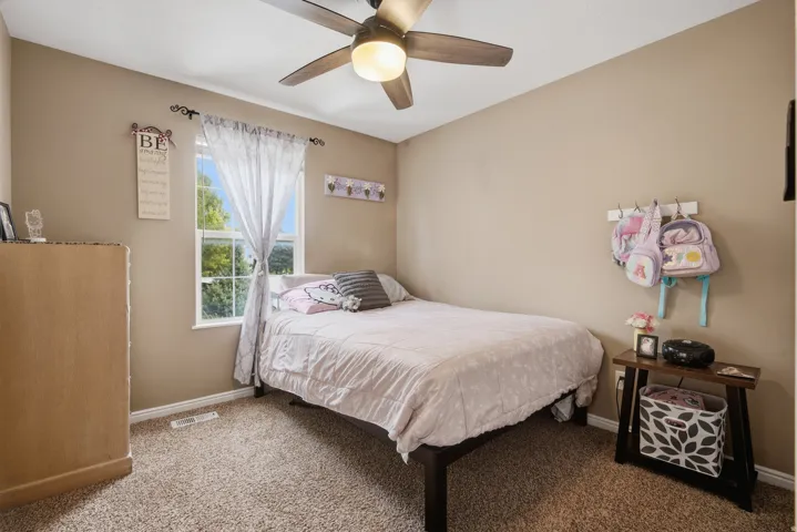 Plush carpet flooring, a ceiling fan with integrated lighting, and a window providing natural light