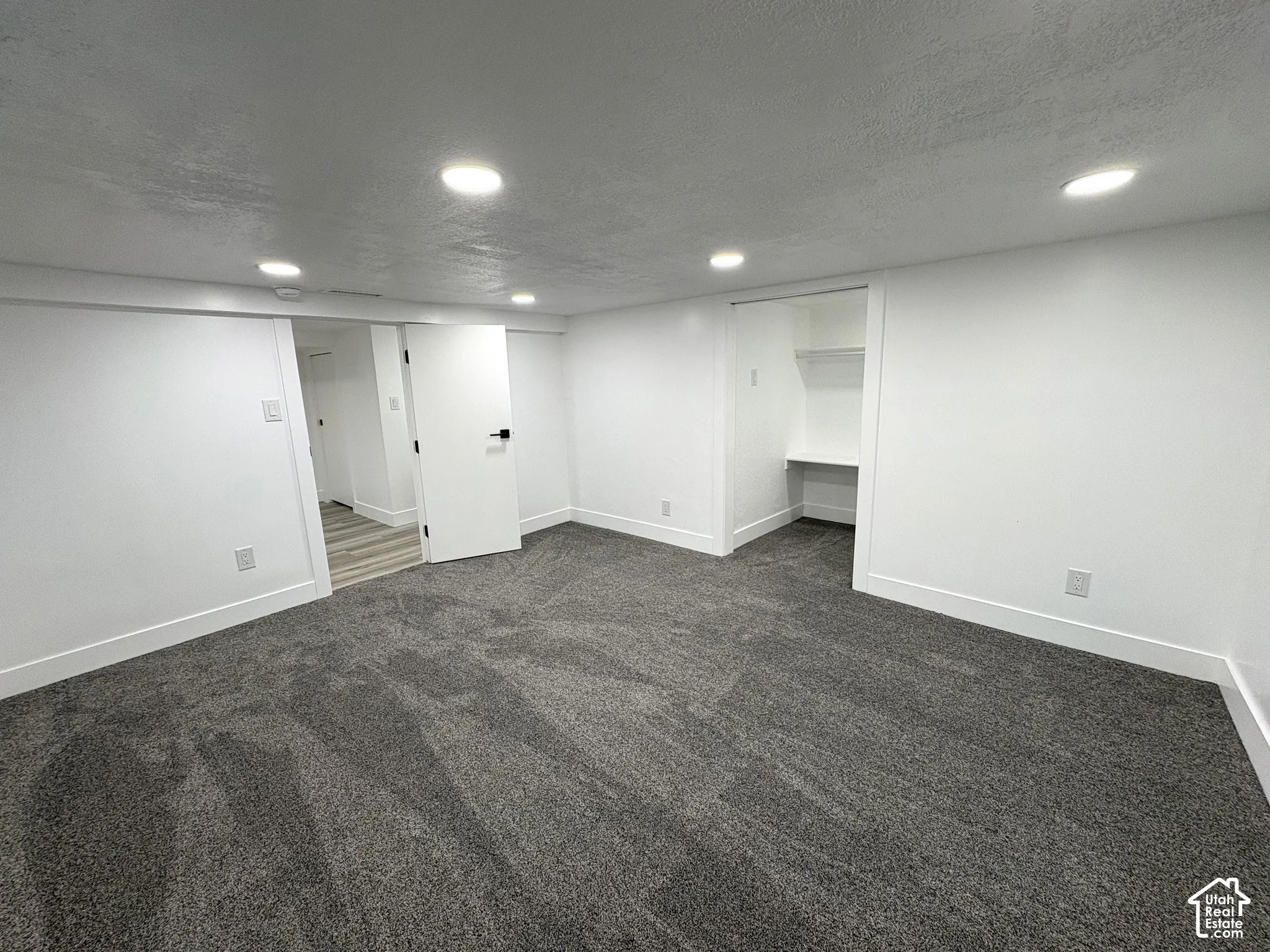Plush carpet flooring, integrated ceiling lighting, white interior doors with dark hardware, and a built-in closet system