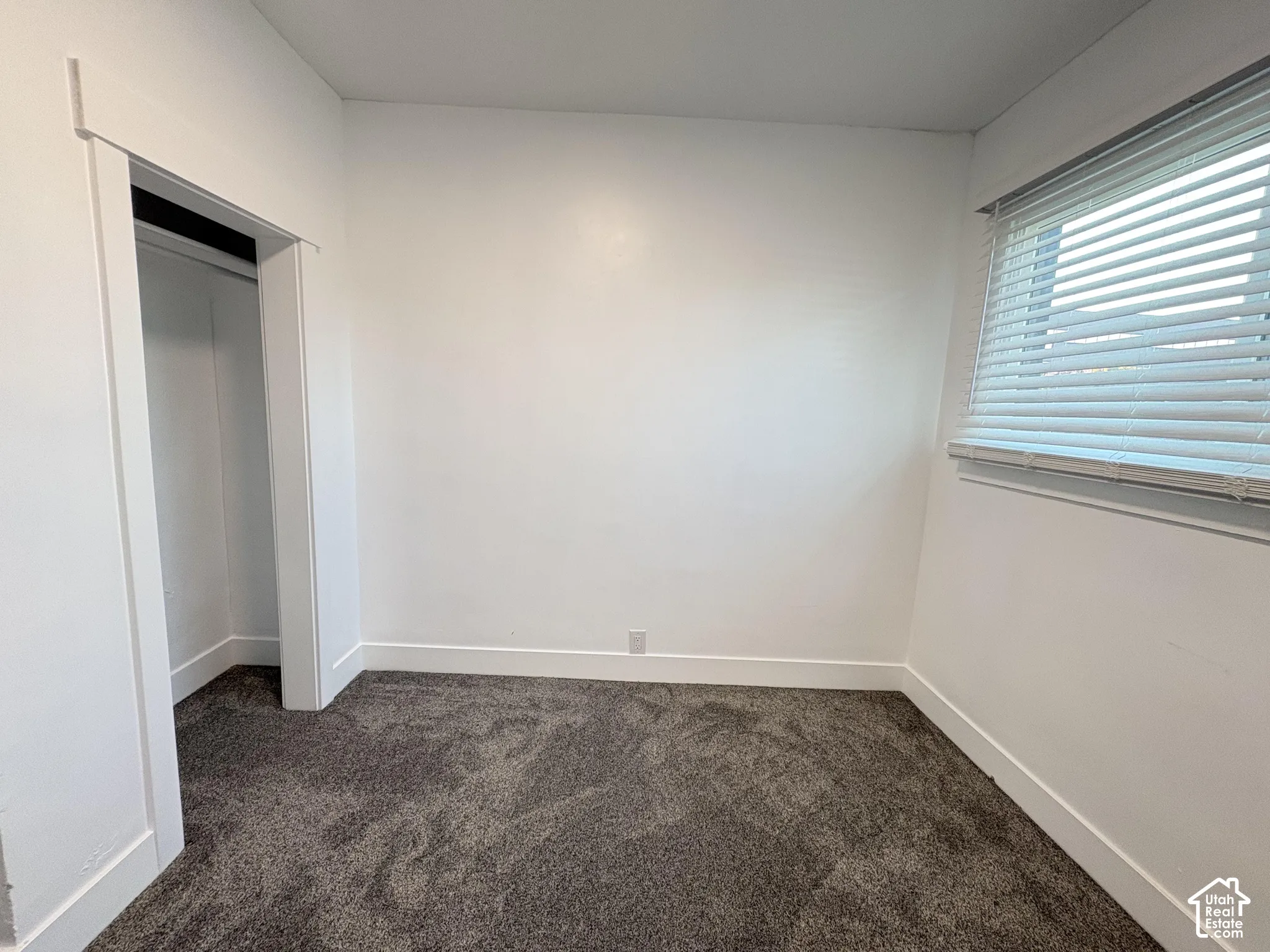 Textured carpeting, white walls, window with horizontal blinds, built-in closet with white trim