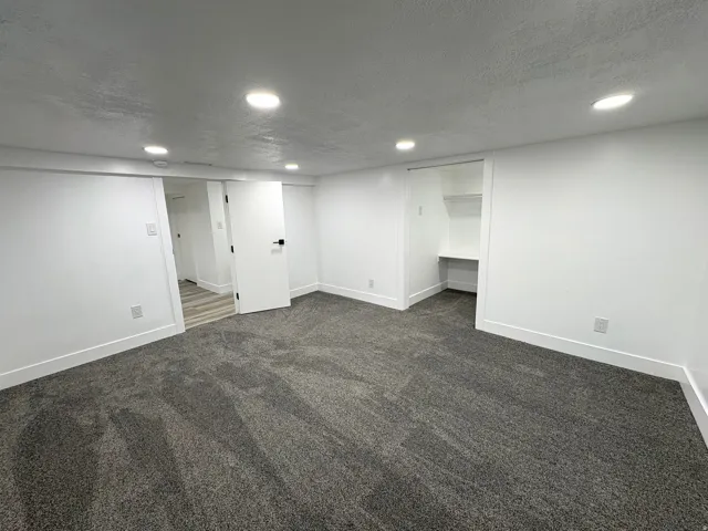 Plush carpet flooring, integrated ceiling lighting, white interior doors with dark hardware, and a built-in closet system