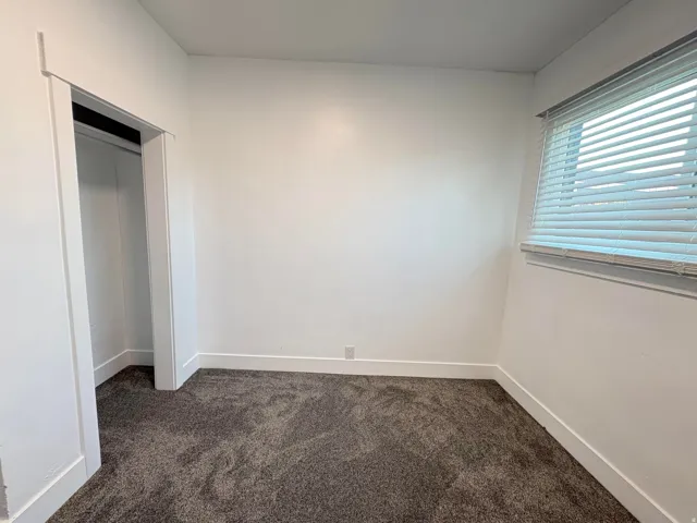 Textured carpeting, white walls, window with horizontal blinds, built-in closet with white trim
