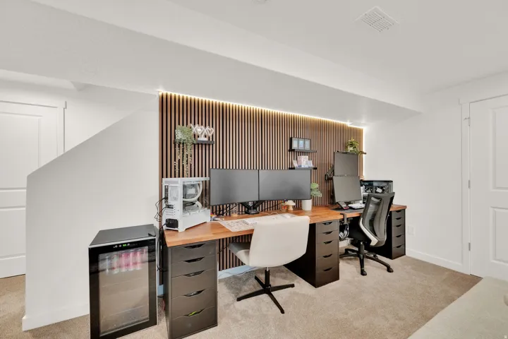 Wood-finish accent wall with integrated ambient lighting