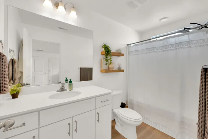 White vanity with shaker-style cabinetry, a single basin sink, and a large wall-mounted mirror