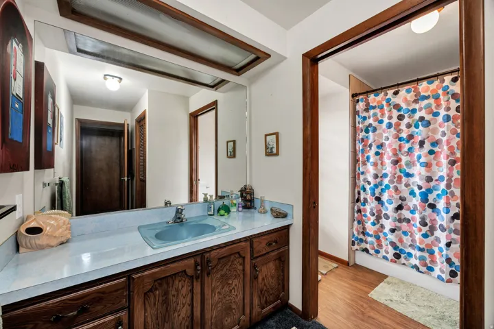 Vanity with a light blue basin sink, wood-finish cabinetry, and a large wall-mounted mirror