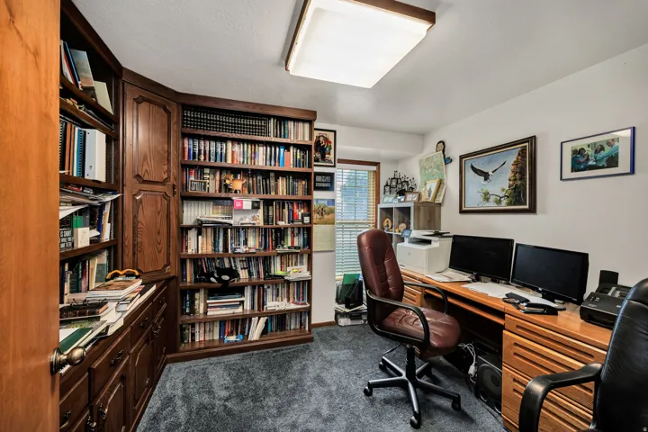 Built-in wood cabinetry, expansive wood-finish shelving, and a desk with integrated storage