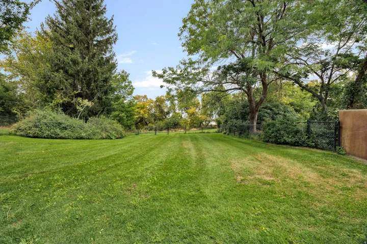 Expansive lawn area with mature trees and established perimeter fencing