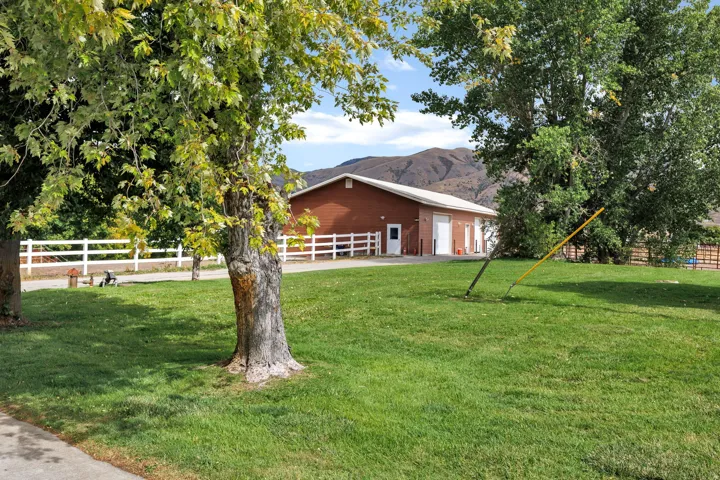 Expansive lawn featuring mature trees and a white fence line