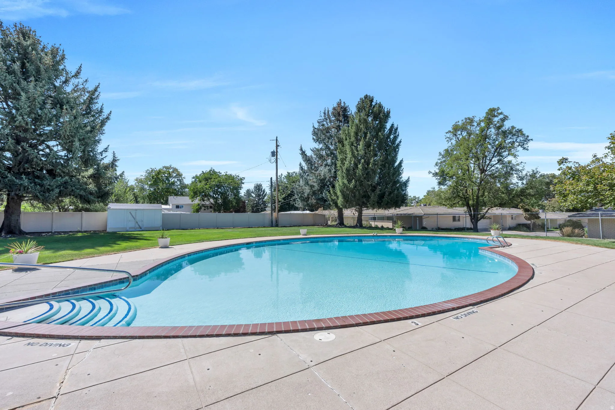 Curved swimming pool with tiled steps, brick coping, and a surrounding concrete deck