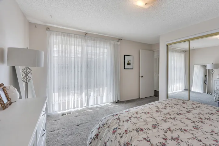 Carpeted flooring, full-height sliding glass doors, overhead ceiling light, and mirrored closet doors