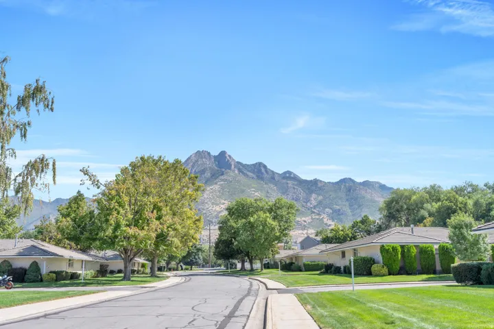 Mountain backdrop, tree-lined street, manicured lawns, mature landscaping, sidewalk