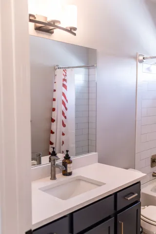Vanity with a single basin, dark cabinetry, and integrated countertop