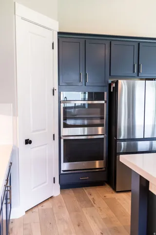Built-in stainless steel double oven, stainless steel refrigerator, dark blue cabinetry with silver hardware, light wood-finish flooring, and a white interior door