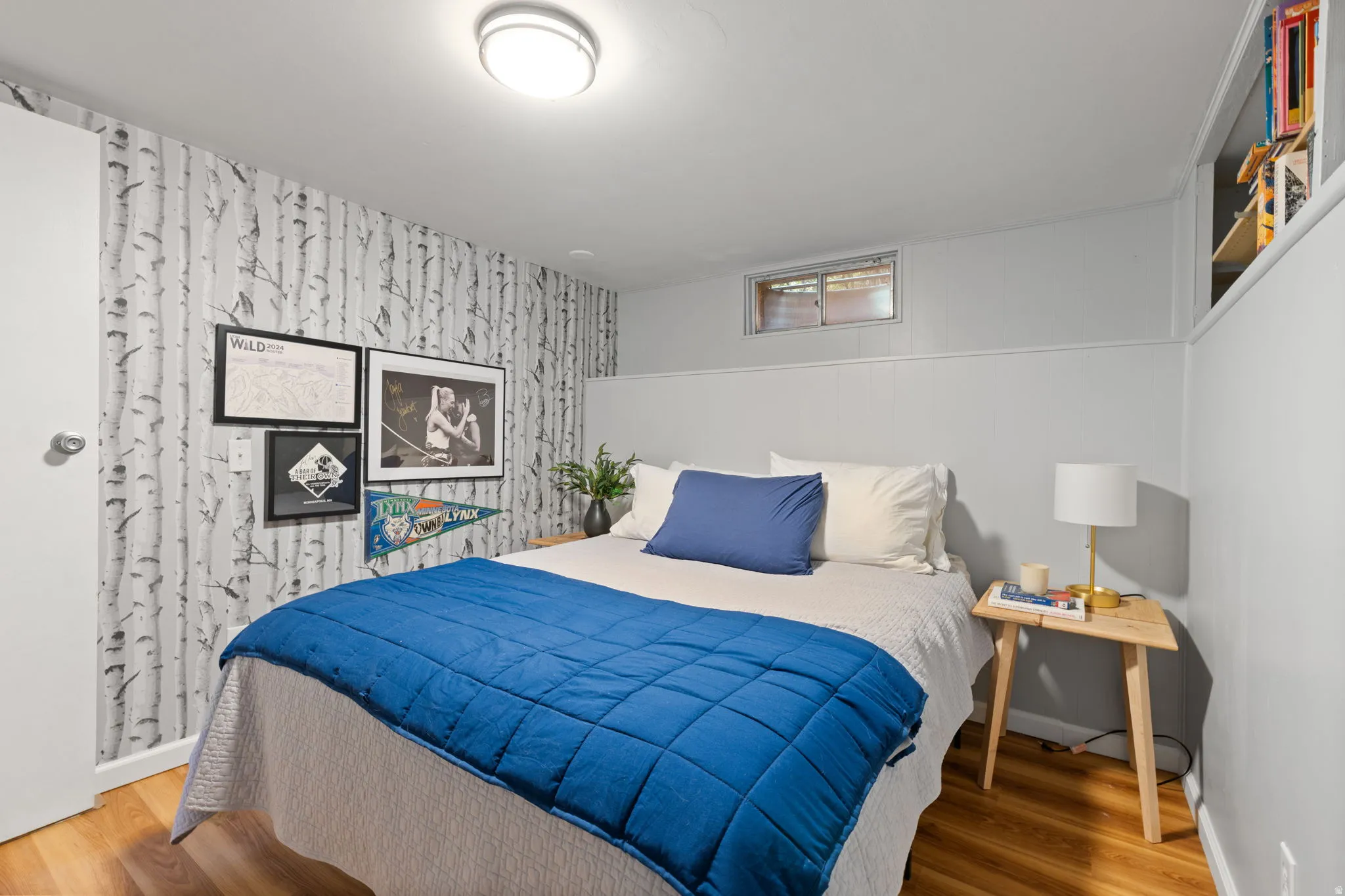 Wood-finish flooring, two-tone wall treatment, and a flush-mount ceiling light fixture