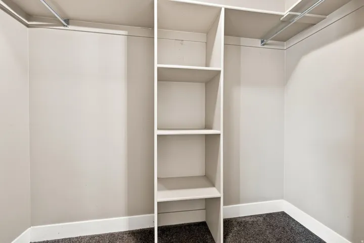 Primary. Walk-in closet featuring built-in shelving, hanging rods, and carpet flooring