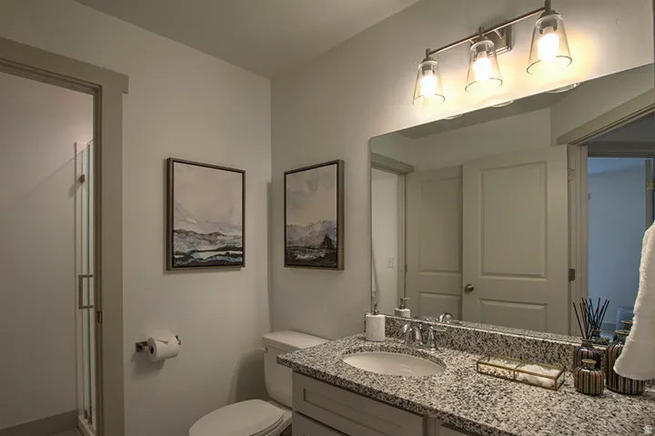 Bathroom featuring a glass-enclosed shower, single vanity with a stone-finish countertop, undermount sink, and brushed nickel fixtures