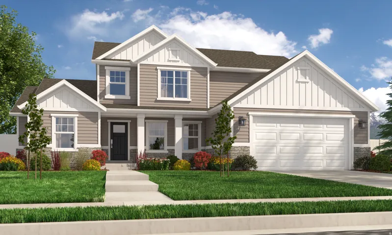 Contemporary home with a two-car garage, stone and siding exterior, a prominent front entry with columns, and a landscaped yard
