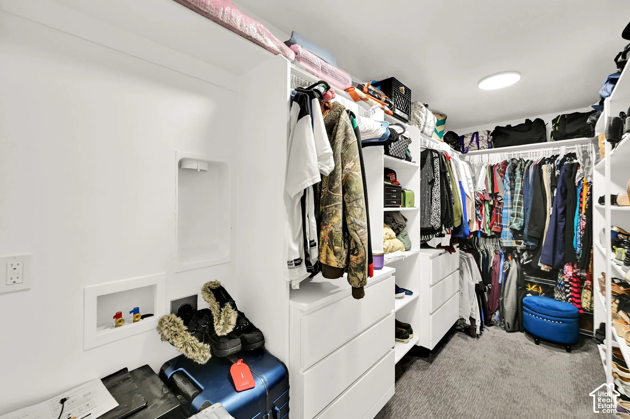 Built-in shelving and drawers, clothing rods, and laundry hookups..