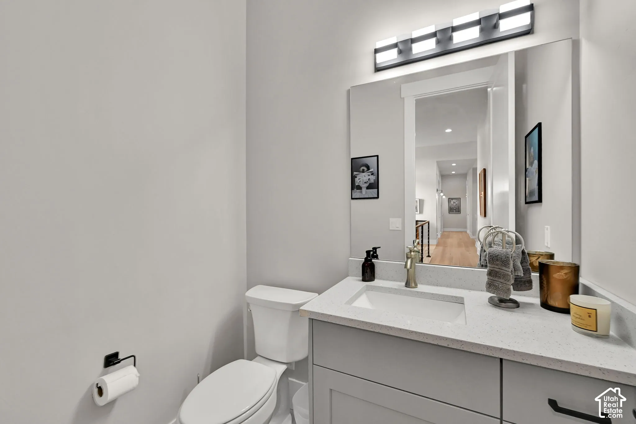 Recessed sink basin, quartz-finish countertop, vanity with panel cabinetry, wall-mounted light fixture, and toilet