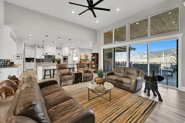Open-concept living space with wood-finish flooring