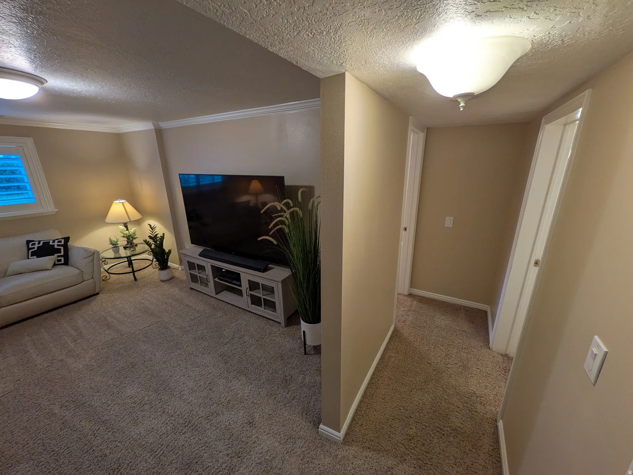 Carpeted flooring throughout, recessed window, crown molding, and flush-mount lighting fixtures