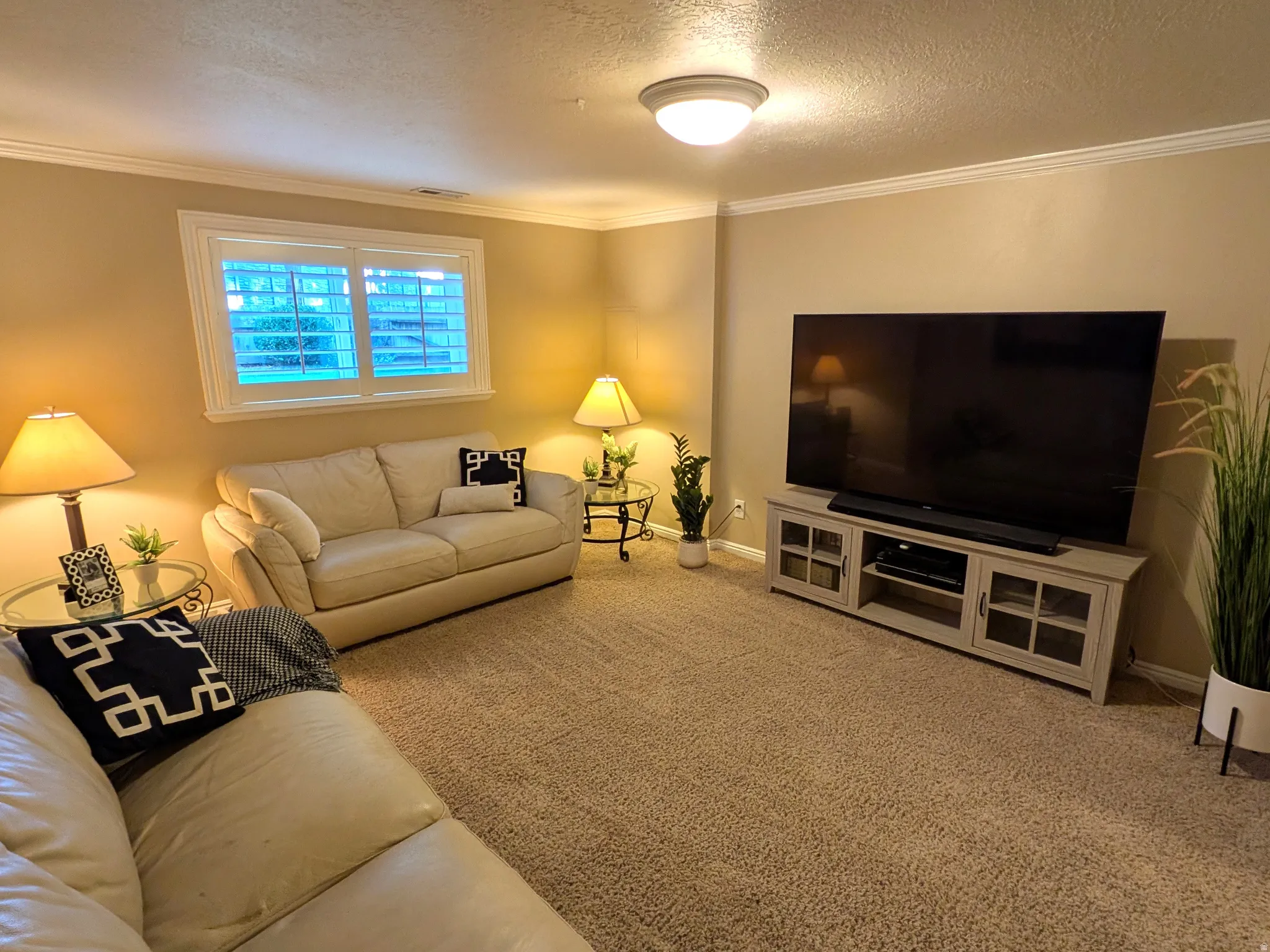 Plush carpeting, crown molding, and a built-in media console with glass-front doors