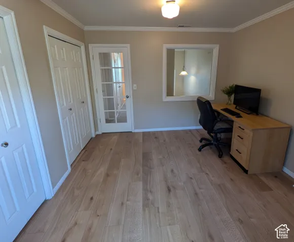 Light wood-finish flooring, crown molding, and a paneled door